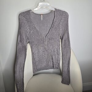 Free People Lilac Gray V-Neck Button Front Knit Top